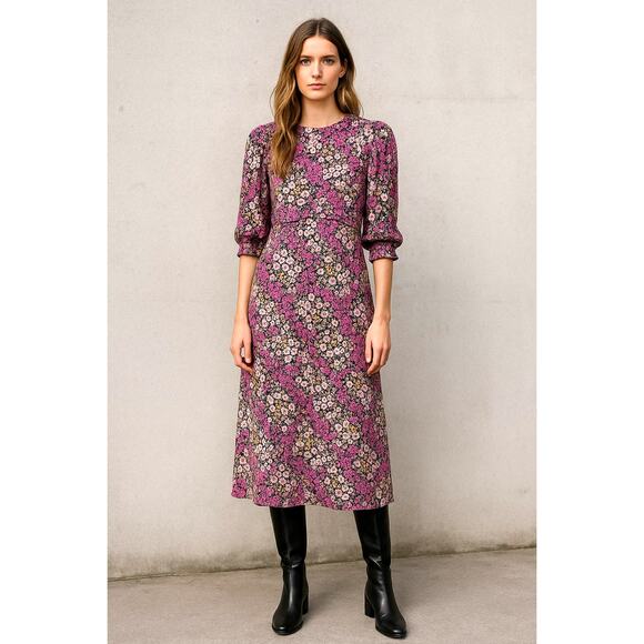 NEW! Nobody's Child US 4/UK 8 Puff Shoulder Liberty Floral Tea Dress Pink Black - Picture 1 of 10